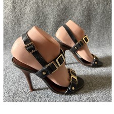 Tory Burch Black Strappy Buckle Leather Upper Open Toe Stiletto Heel 6M