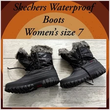 Skechers Women's 7 M Outdoor Boot Water Proof Pull On Lace Up Relaxed Fit Black
