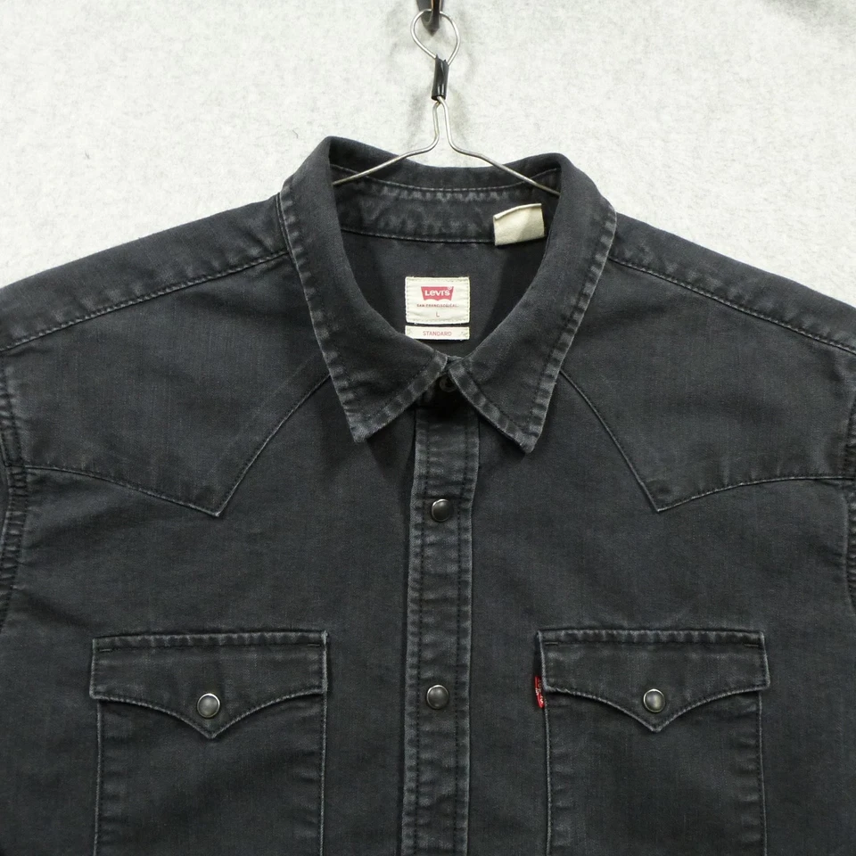 Levi's Western Shirt Mens Large Black Snap Button Washed Denim Long Sleeve - Image 2 of 4
