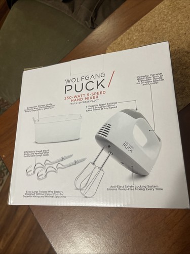 Wolfgang Puck Hand Mixer 250 Watt 5-Speed With Storage Caddy White New In Box - Picture 2 of 2
