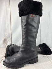 Hunter Steamboat Leather  Shearling tall  Boot sz 7 BLACK Lke new