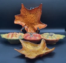 Bella Casa Fall Pumpkin Condiment Relish Serving Dish & 2 Metallic Leaf Dishes