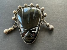 Fabrycznie nowa broszka/przypinka Srebro szterlingowe i onyks Taxco meksykańska maska TrIbal