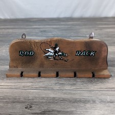 Vintage MidCentury Wooden Fishing Rod Rack WallMount Holds 5 Rods Hand Painted