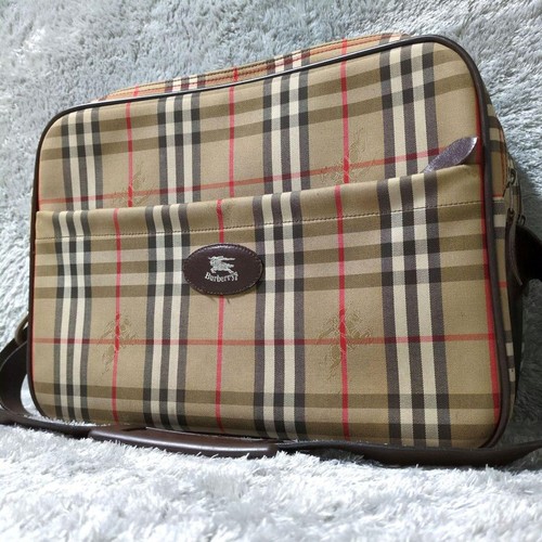 Burberry Nova Check Horse Logo Vintage Travel Bag Beige Brown Nylon Leather Rar