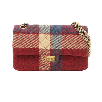 Auth.Chanel 2.55 Reissue 225 Flap Bag Red Blue Plaid Wool Tweed Antique Gold HW