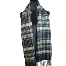 New 100 Cashmere Black Beige Plaid Scarf Made in Scotland Fringe Trim Unisex