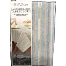 Twill Striped Laminated Fabric Dinner Table Tablecloth Oblong 60 x 104 Blue Tan