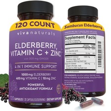 Viva Naturals Elderberry with Vitamin C and Zinc 120 Capsules - 1000mg Samb...