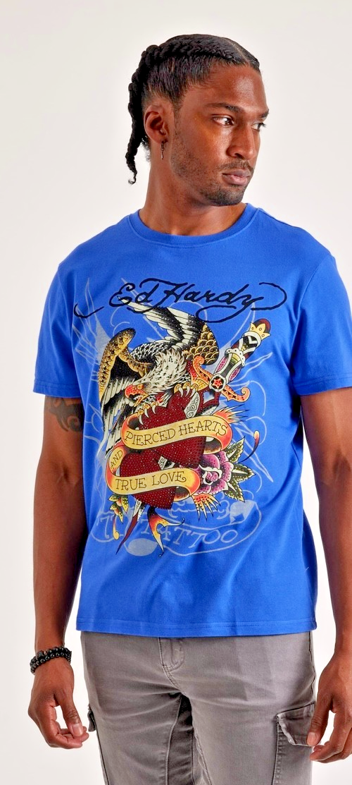 Ed Hardy Men's Large Pierced Hearts True Love Rhinestones TShirt