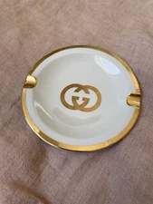 GUCCI Ashtray Interlocking GG Gold Trim White Round Catchall Dish Plate Italy