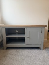 Grey Wood TV Stand with Oak-Effect Top, 2 Shelves, 1 Hinged Door, Cable Mgmt
