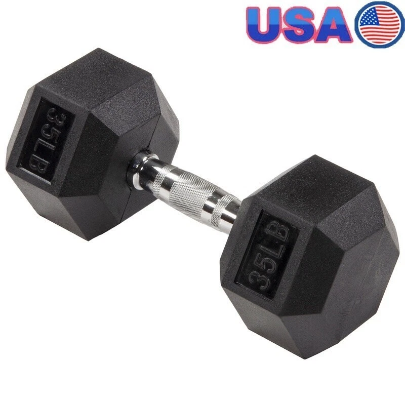 Rubber Hex Dumbbell Anti-Roll 35 lb Weight Training Comfort Grip Exercise Black