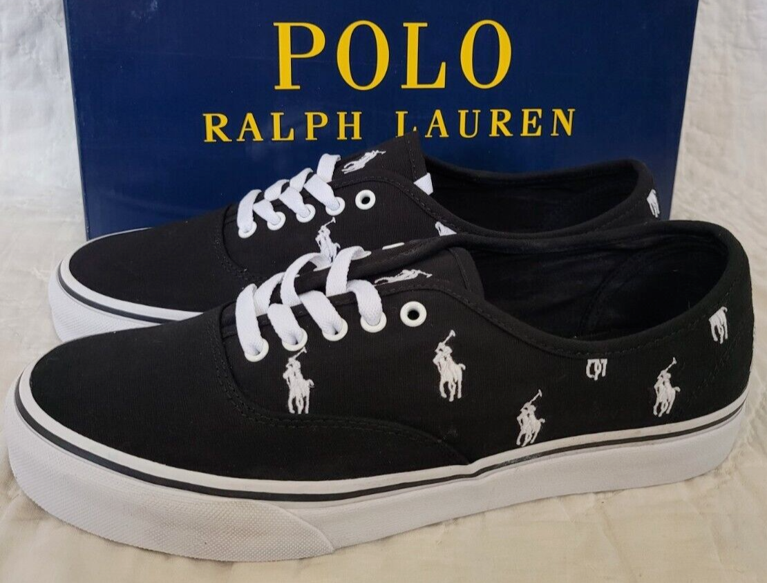 POLO Ralph Lauren Sneaker da uomo Keaton Allover in tela pony NERE taglia 8 5 D NUOVE