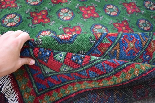 Green Afghan Tribal Bokhara Area Rug 7x10 ft Hand Knotted Geometric Wool Carpet - Picture 8 of 11