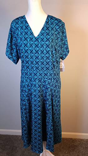 Karina 4X Blue/Teal Geometric Print Fit-N-Flare Dress Pockets Stretch Comfort