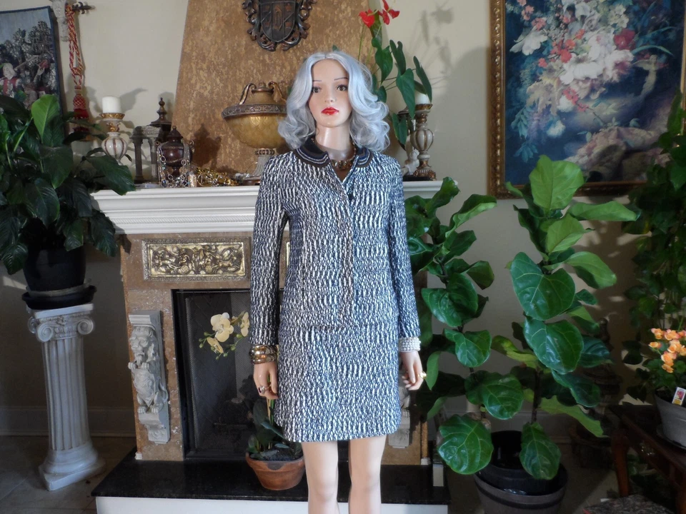 Nuevo Traje Falda Tory Burch Blanco y Negro Algodón Boucle Tejido con Cuello Crochet Talla 4 Foto 2 de 4