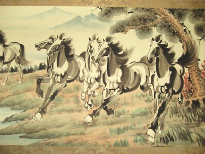 Old Chinese Antique Painting Scroll Eight Horse By Xu Beihong