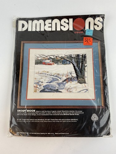 Snowy Brook Winter red barn farm scene crewel embroidery Dimensions 1984 Vintage - 第 1/2 張圖片