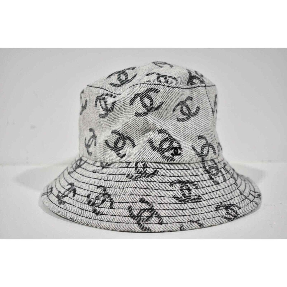Chanel 22S Black White Grey Denim Fabric CC Logo Sun Cloche