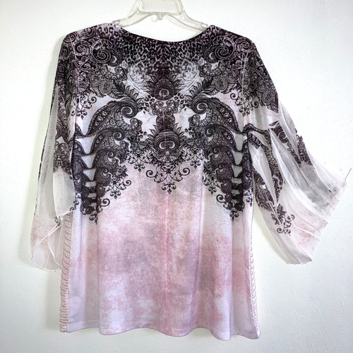 CAL STYLE  2XL  XXL Mesh Colorful Floral Relaxed Fit Tunic Top Plus Rhinestone