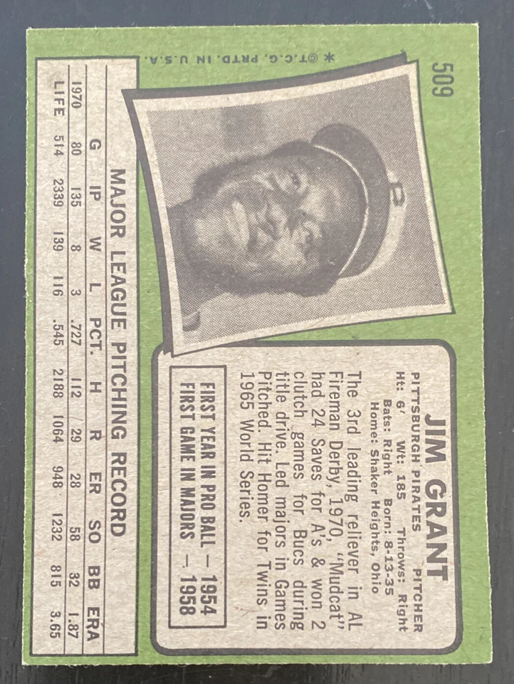 1971 TOPPS MUDCAT GRANT JIM GRANT #509 PITTSBURGH PIRATES - Image 2 of 2