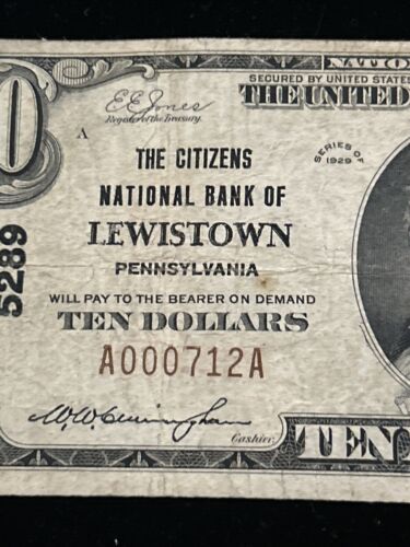 1929 $10 Citizens National Bank LEWISTOWN Pennsylvania National Currency CH#5289 - Picture 4 of 11