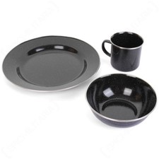 Black Enamel Camping Dinner Set - Outdoor Plate Bowl Cup Mug Picnic Hiking Food