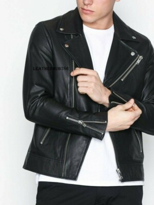 New Men Jacket Genuine Black Lambskin Leather Biker