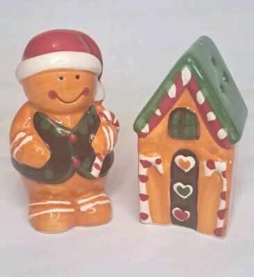 Gingerbread Man & House Ceramic Christmas Salt & Pepper Shakers W/ Stoppers. 