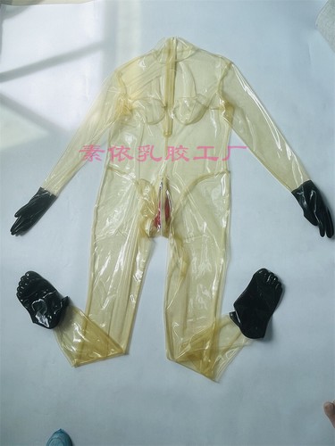 Transparent Latex catsuit with black gloves toes 3D breast hidden two sheath - Picture 7 of 9