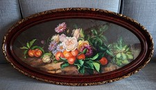 Natura morta dipinto antico  vintage cornice ovale fiori frutta