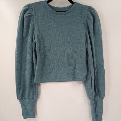 NWT FOREVER 21 Sweater Womens Small Sm S Blue Puff Shoulder Pearl Cropped