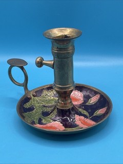 Vintage Brass Chamber Stick Candle Holder with Floral Enamel Design Hand Painted