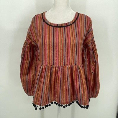 Amaryllis Anthropologie Top Womens XS Multi Stripe Peplum Pom Poms Peasant Boho