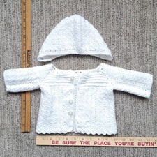 Vintage Handmade Knit Crocheted  Baby Cardigan Sweater  Bonnet Set 0-3 months