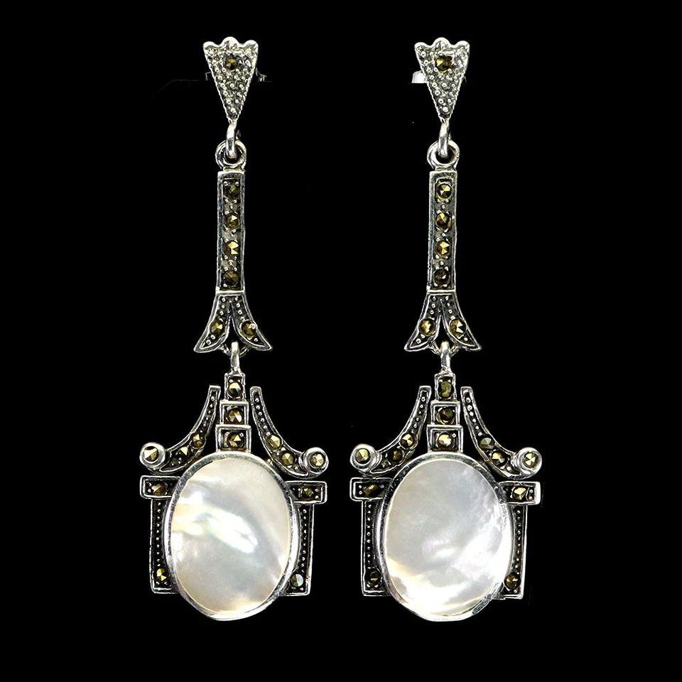 925 Pendientes de Plata de Ley Ovalado Nácar Marcasita Natural Joyería - Imagen 2 de 4