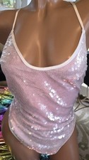 Victorias Secret Rare Vintage Sequin Iridescent teddy M bodysuit Thong Bling