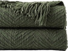 Olive Green Chenille Throw Blanket for Bed, Knit Throw Blanket,Super Soft Warm