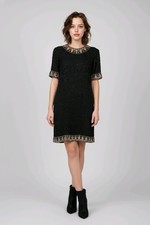 Vintage Laurence Kazar Black Gold Beads and White Gold Sequins Silk Dress Size S