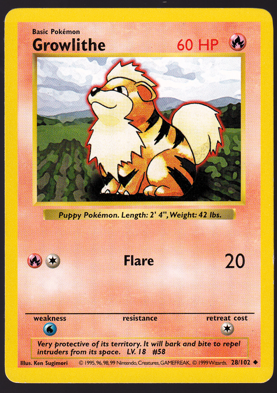 Growlithe Shadowless 28/102 Base Set Pokemon TCG Card 1999 MP