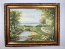 Original Oil Landscape Painting Of Landscape Scene With River, Trees, Flowers