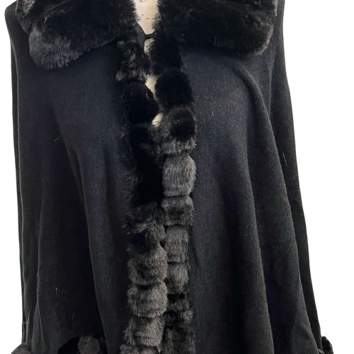 NEW Le Moda Faux Fur Trim Cape Shawl Wrap Poncho Elegant Black SM MED LG Soft! - Picture 12 of 16