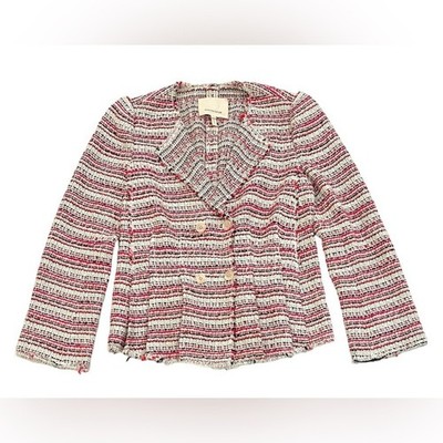 Rebecca Taylor Tweed Blazer Womens Size 4 Pink & Red Optic Striped Cotton Blend