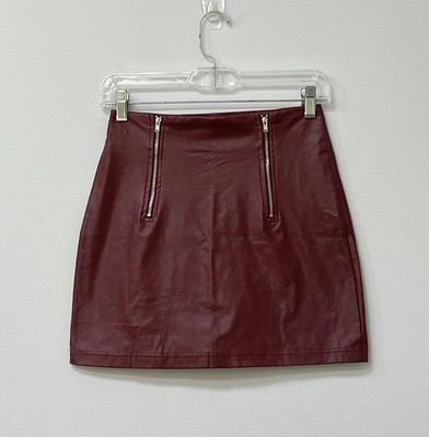Shein Brown Cherry Red Faux Leather Double Zipper Zip Up Mini Skirt Womens Sz XS