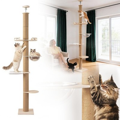 Floor-to-Ceiling Cat Tree Tower Height Adjustable w/ Condo & Scratching Posts