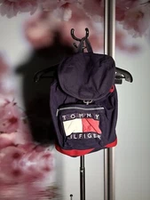 Vintage 90s Tommy Hilfiger Big Logo Spell Out Top Loader Cinch Backpack Bag Blue