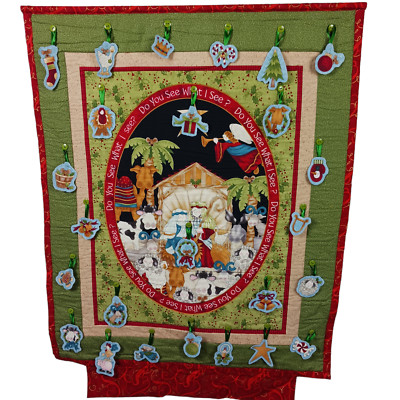 Christmas Advent Calendar Quilted Ribbon Patches Whimsical Nativity 40''x30''