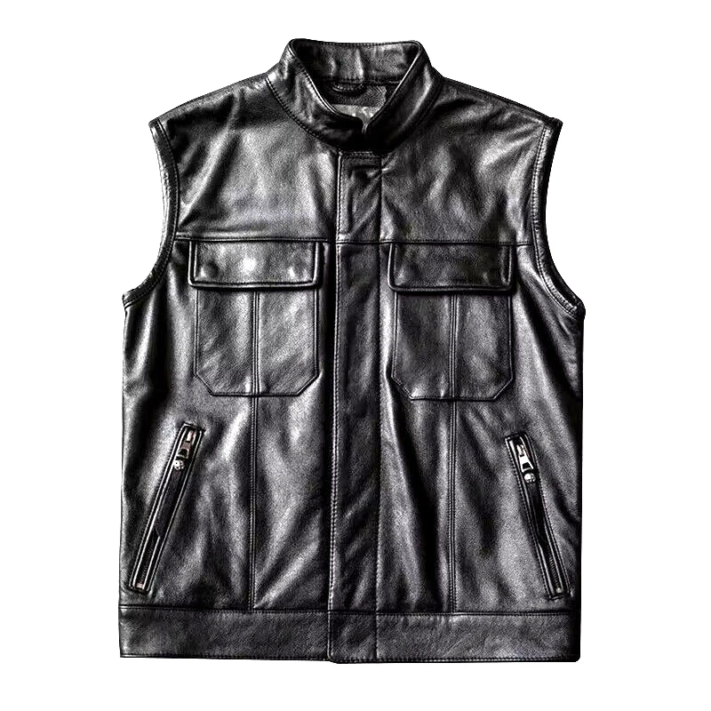 Mens Real Leather Biker Vest Coat Black Bomber Jacket Cargo Pockets XL 2XL