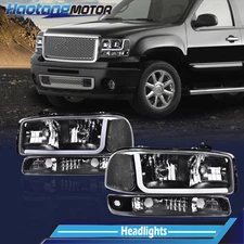 Fits 99-07 GMC Sierra 1500 2500 3500 LED DRL Black/Clear Headlights+Bumper Lamps